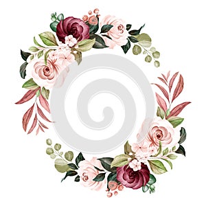 Wreath of brown and burgundy watercolor roses and wild flowers with various leaves. Botanic illustration for card composition