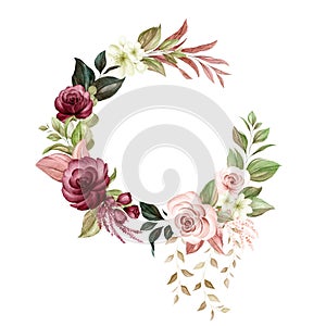 Wreath of brown and burgundy watercolor roses and wild flowers with various leaves. Botanic illustration for card composition