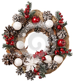 Wreath Christmas Decoration White Isolated, Holiday Burlap Decor