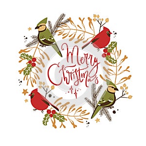 Wreath with Christmas decorative elements - plants, branches, jay and red cardinal birds. Traditional symbols, greeting