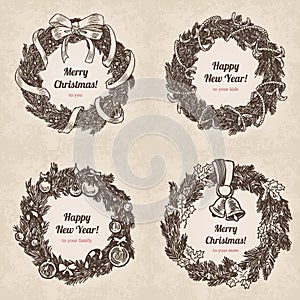 Wreath Christmas New Year handdrawn engraving style template