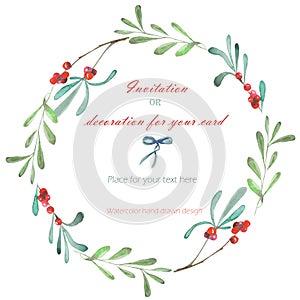 Wreath (circle frame) of the cranberry branches, hand drawn in a watercolor on a white background, greeting card