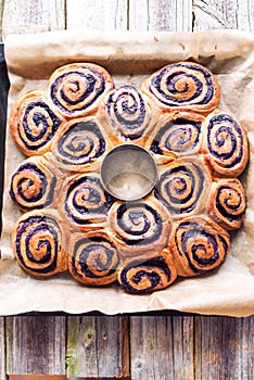 Wreath dessert made of blueberries rolls