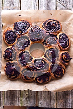 Wreath dessert made of blueberries rolls