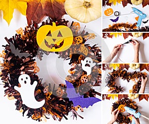 Wreath on the door, Halloween step by step instructions, diy. Thanksgiving door decor, lesson for children