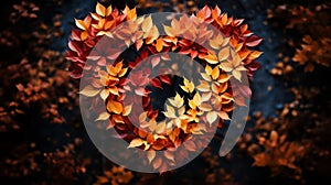 A wreath of fall leaves forms a heart. AI generation