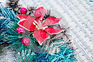 Wreath fir cones, sheet music Christmas songs concept of preparing for the holidays, turquoise shabby wooden table background.