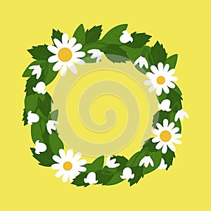 Wreath of the first spring flowers. Snowdrops, daisies and lilies of the valley hand drawing