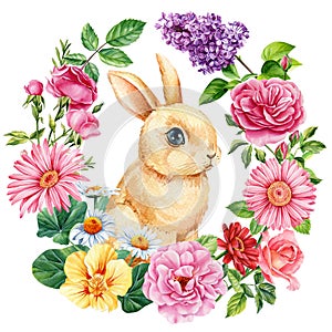 Wreath of flower, leaf, cute bunny. Watercolor botanical illustration on white background. lilac, dahlia, nasturtium