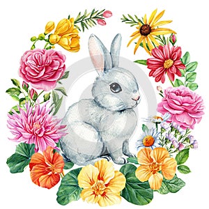 Wreath of flower, leaf, cute bunny. Watercolor botanical illustration on white background. lilac, dahlia, nasturtium