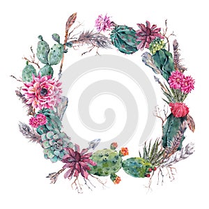 Wreath of flowers bouquet with cactus, succulen