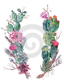 Wreath of flowers bouquet with cactus, succulent