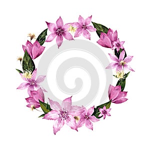 Wreath with flowers clematis, leaves, herbs on white background. Watercolor Illustration