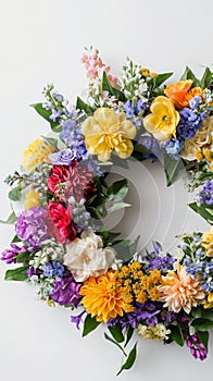 Wreath of Flowers on White Background, Beautiful Floral Decoration for Any Occasion