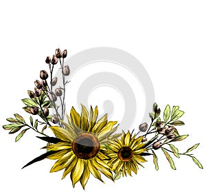 Wreath in the form of a bouquet of two sunflower leaves and dry grass