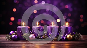 Wreath with four burning purple advent candles on a dark wooden background with festive bokeh lights, Christmas Eve, banner