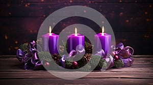 Wreath with four burning purple advent candles on a dark wooden background with festive bokeh lights, Christmas Eve, banner