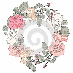 Wreath frame, border - hand painted line style roses flowers composition with leaves.