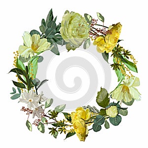 Wreath frame, border - hand painted watercolor style yellow spring flowers composition with roses
