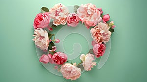 Wreath frame in the shape of a heart of pink roses and peony flowers