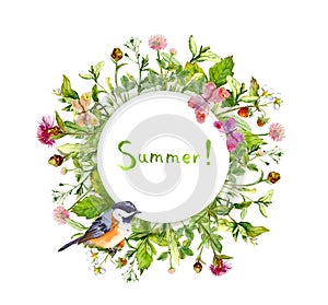 Wreath frame - summer flowers, bird, butterflies. Watercolor card, round border