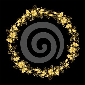 Wreath of gold flovers, can be used as greeting card, invitation card for wedding, birthday and other holiday and summer