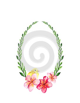 A wreath with green leaves in the shape of an egg with pink flowers and a chicken. Easter composition with space for text for holi