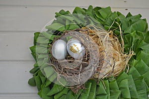 Wreath of green leaves with silver eggs in the nest. easter plants