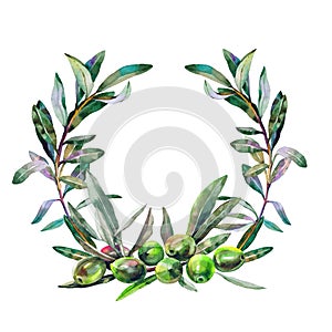 A wreath of green olive branches with olives is isolated on a white background .Watercolor.