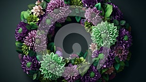 A wreath of green and purple flowers adorns a beautiful wedding frame
