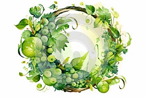Wreath Of Green Vine Leaves And Green Grapes With White Circle. Generative AI