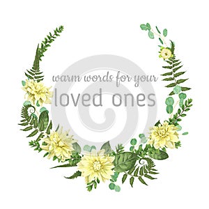 Wreath with herbs and leaves isolated on white background. Botanical illustration. Boxwood, eucalyptus, forest fern, flowers of y