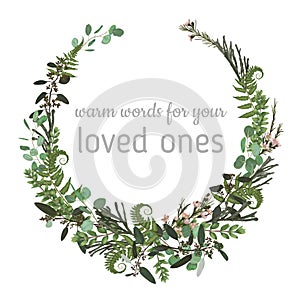 Wreath with herbs and leaves isolated on white background. Botanical illustration. Boxwood, eucalyptus, brunia, forest fern. Save