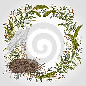 Wreath with heron bird, nest and swamp plants. Marsh flora and fauna.