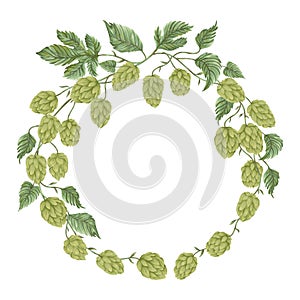 Wreath with hops. Floral composition with hop cones, leaves and branches.