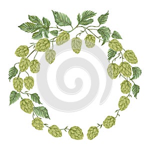 Wreath with hops. Floral composition with hop cones, leaves and branches. photo