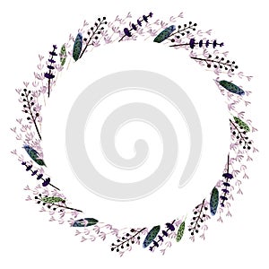 Wreath with lavender, leaves, herbs, . Watercolor Illustration on white background