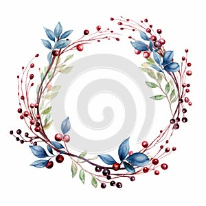 Watercolor Wreath With Red, Blue, And Green Berries - Naturalistic Composition photo