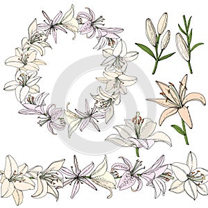 Wreath with Lily flower, bud and leaf. Hand drawn illustration. Vector outline  sketch
