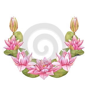 Wreath from Lotus Flowers flowers. Hand drawn watercolor illustration of Tropical Pink waterlily and green leaves on