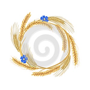 Wreath made of flax flowers, Wheat, barley, oat and rye spikes. cereals with ears, and free space