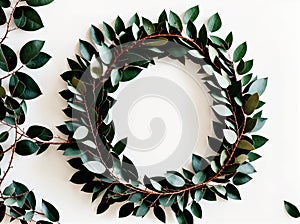A wreath made of green leaves hanging on a wall.