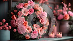 Wreath made pink flowers festive decorations dark background. Mother\'s Day, events, Valentine\'s Day