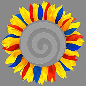 Wreath made of yellow, red, blue petals