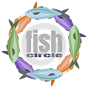 A wreath of marine ocean fish of different colors. A circle of motley vector fish with an inscription in the center