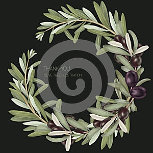 Wreath of olive tree branches with black ripe olives,