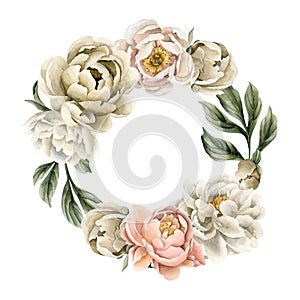 Wreath of peony flowers, buds and leaves. Floral watercolor illustration hand painted isolated on white background.