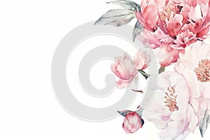 Wreath with pink peonies in watercolor, white background and copy space