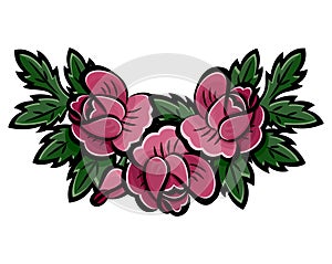Wreath of pink roses, buds and green leaves with black stroke. Vector illustration.
