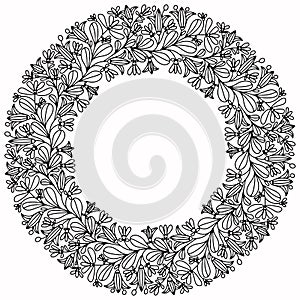 Wreath with plants and flowers in folk style drawn on a white background for coloring, vector